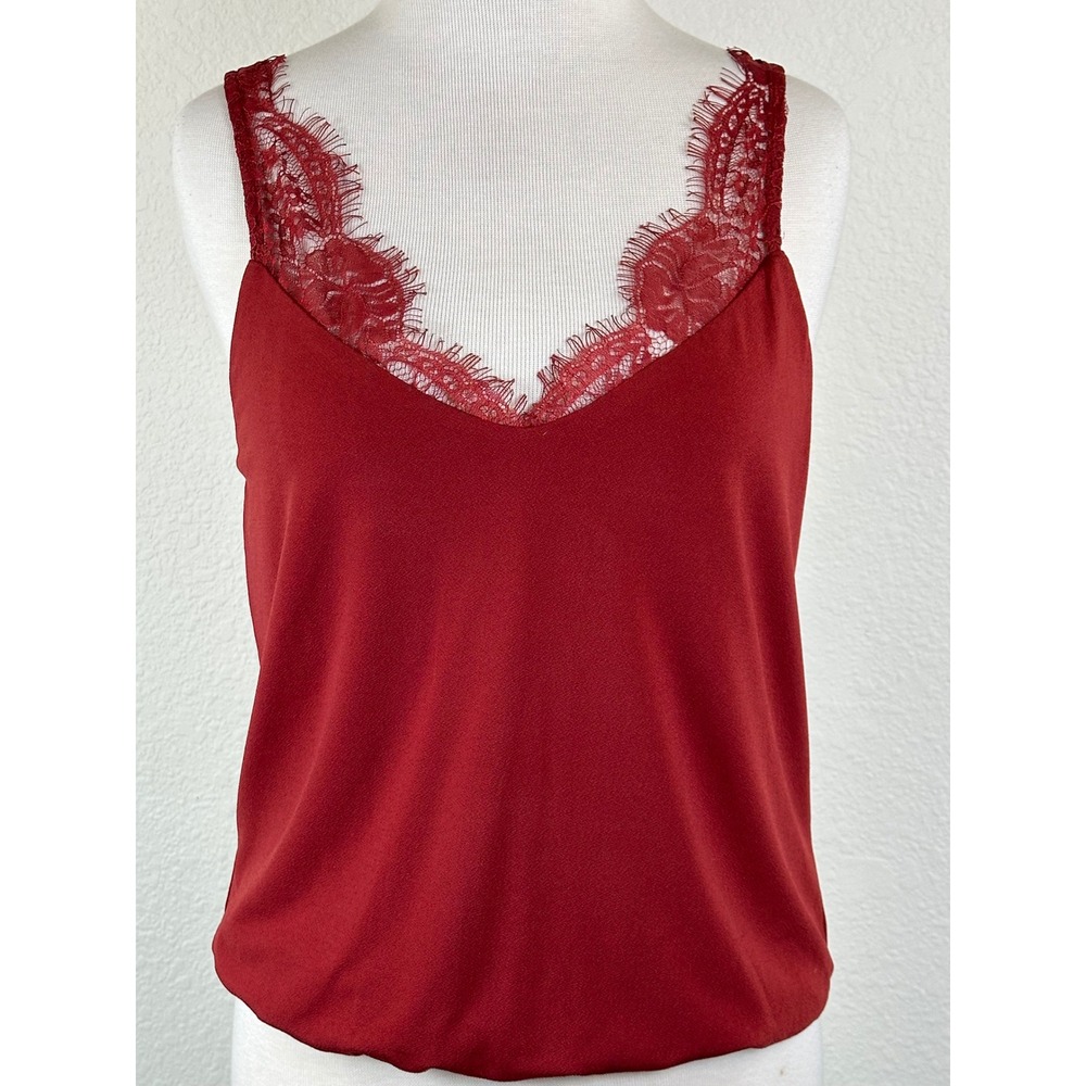 Red Lace Inset Tank Double Layer‎ Blouson Hem Red Burgundy XS